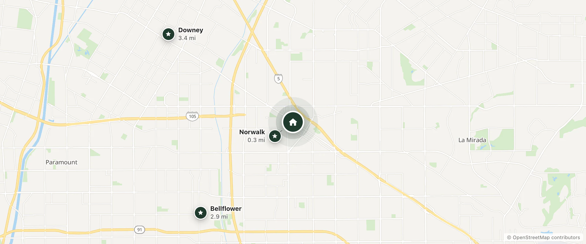 Map of Espana Motel and nearby Norwalk, Bellflower and Downey