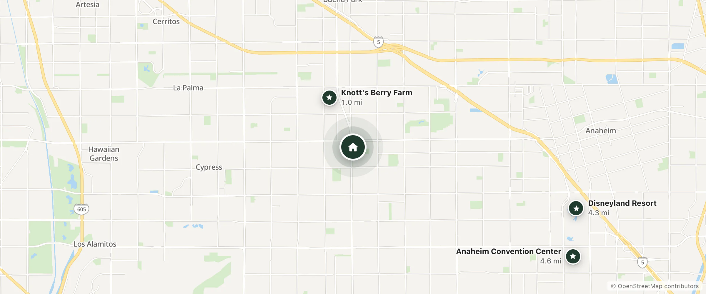 Map of Americana Motel and nearby Knott's Berry Farm, Disneyland Resort and Anaheim Convention Center