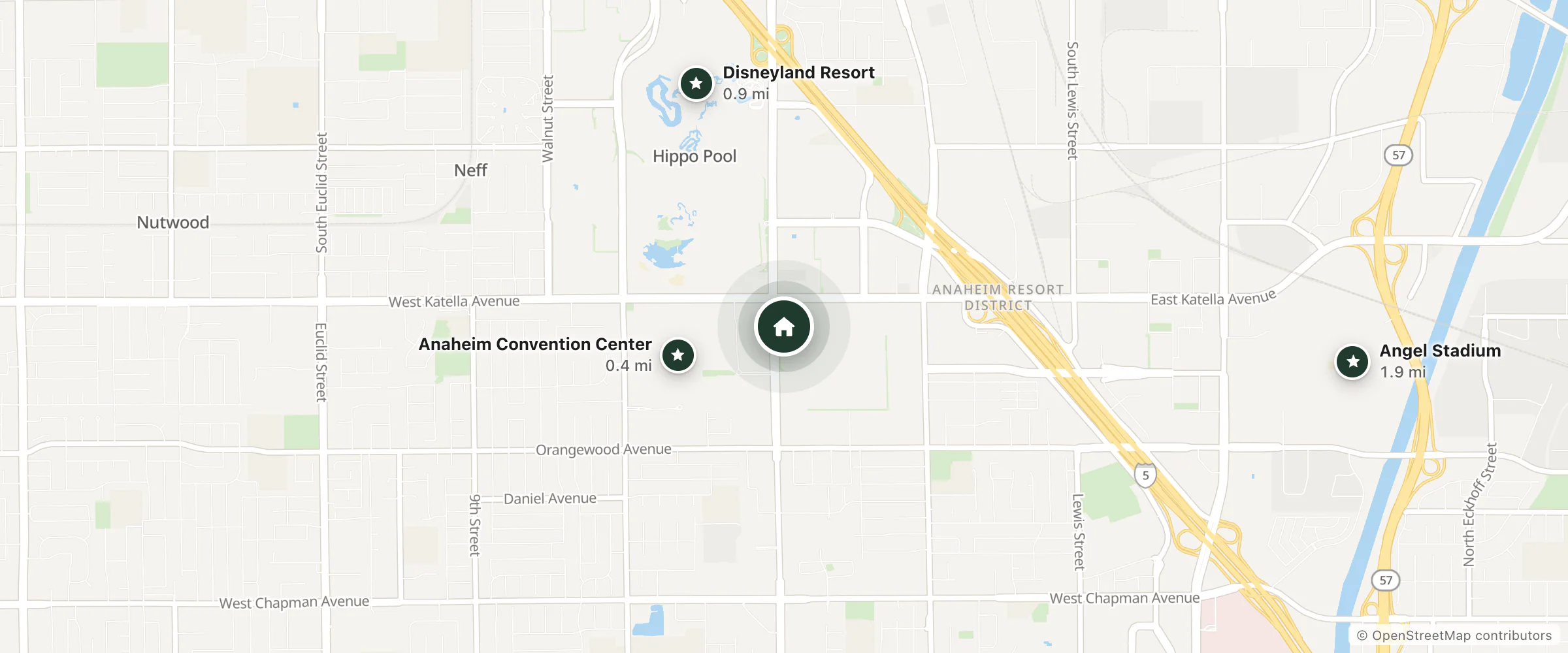 Map of Red Lion Hotel Anaheim Resort and nearby Anaheim Convention Center, Disneyland Resort and Angel Stadium