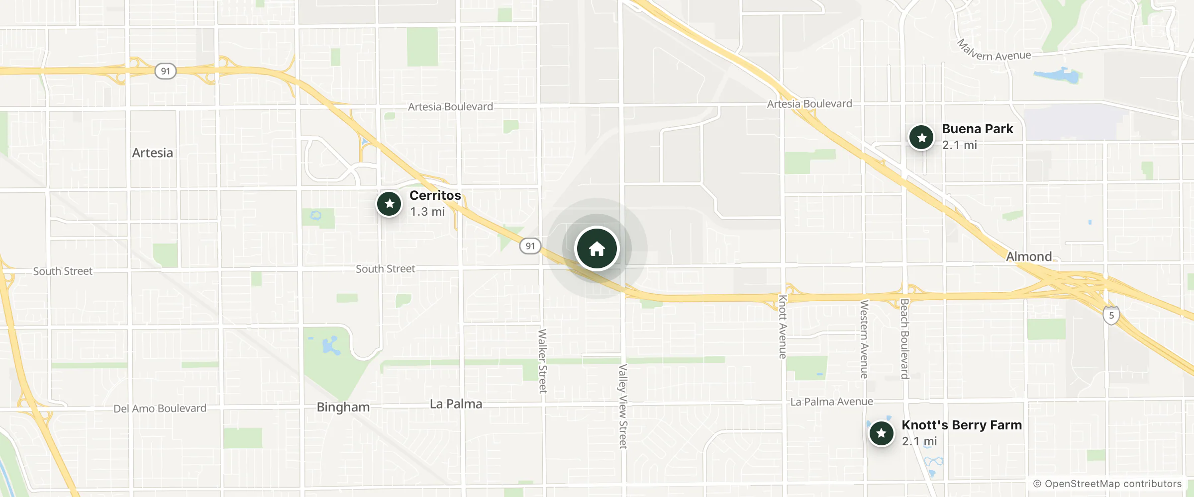 Map of La Quinta Inn & Suites and nearby Cerritos, Knott's Berry Farm and Buena Park