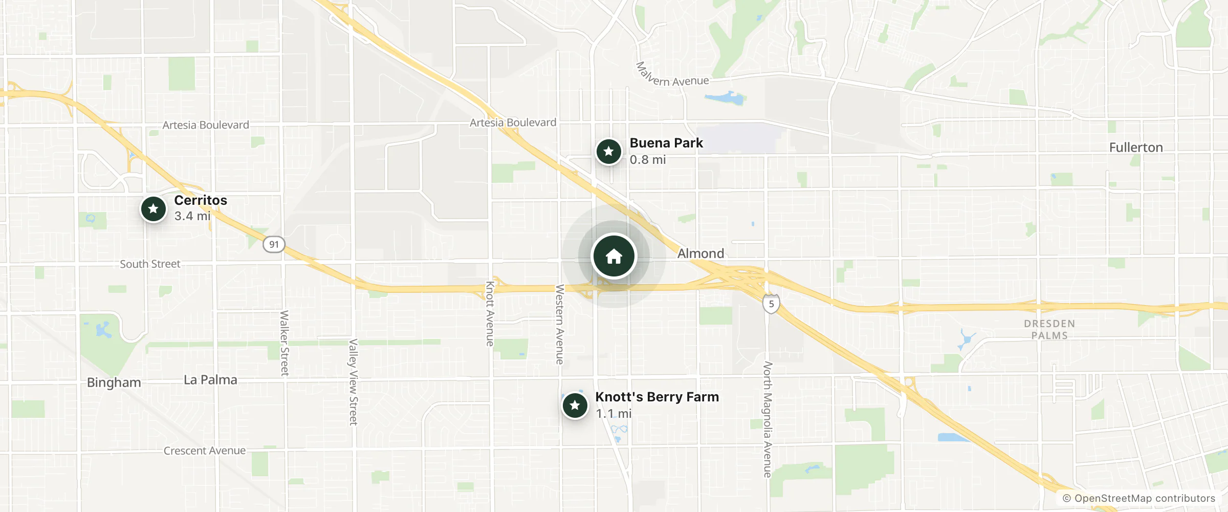 Map of Hilton Buena Park Anaheim and nearby Buena Park, Knott's Berry Farm and Cerritos