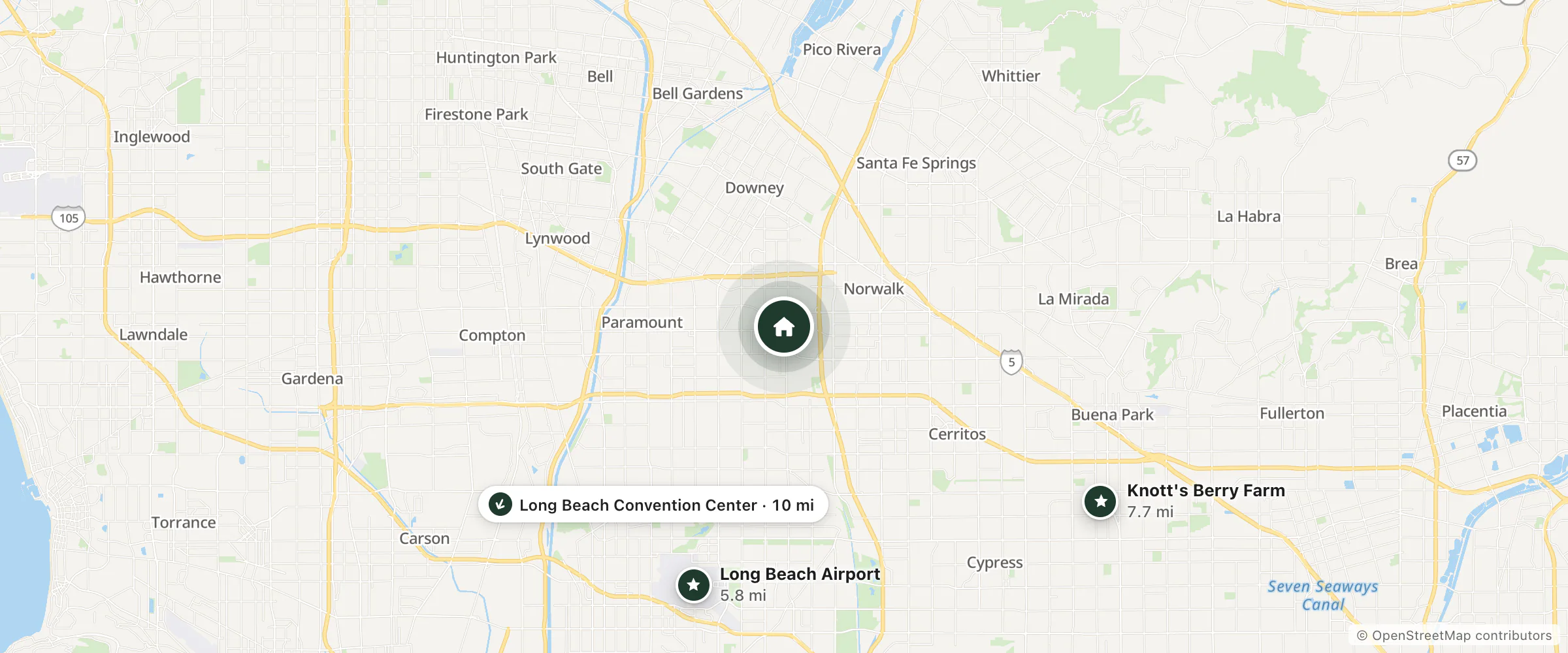 Map of Four Points Sheraton Hotel - 9750 Airport Blvd and nearby Long Beach Airport, Knott's Berry Farm and Long Beach Convention Center