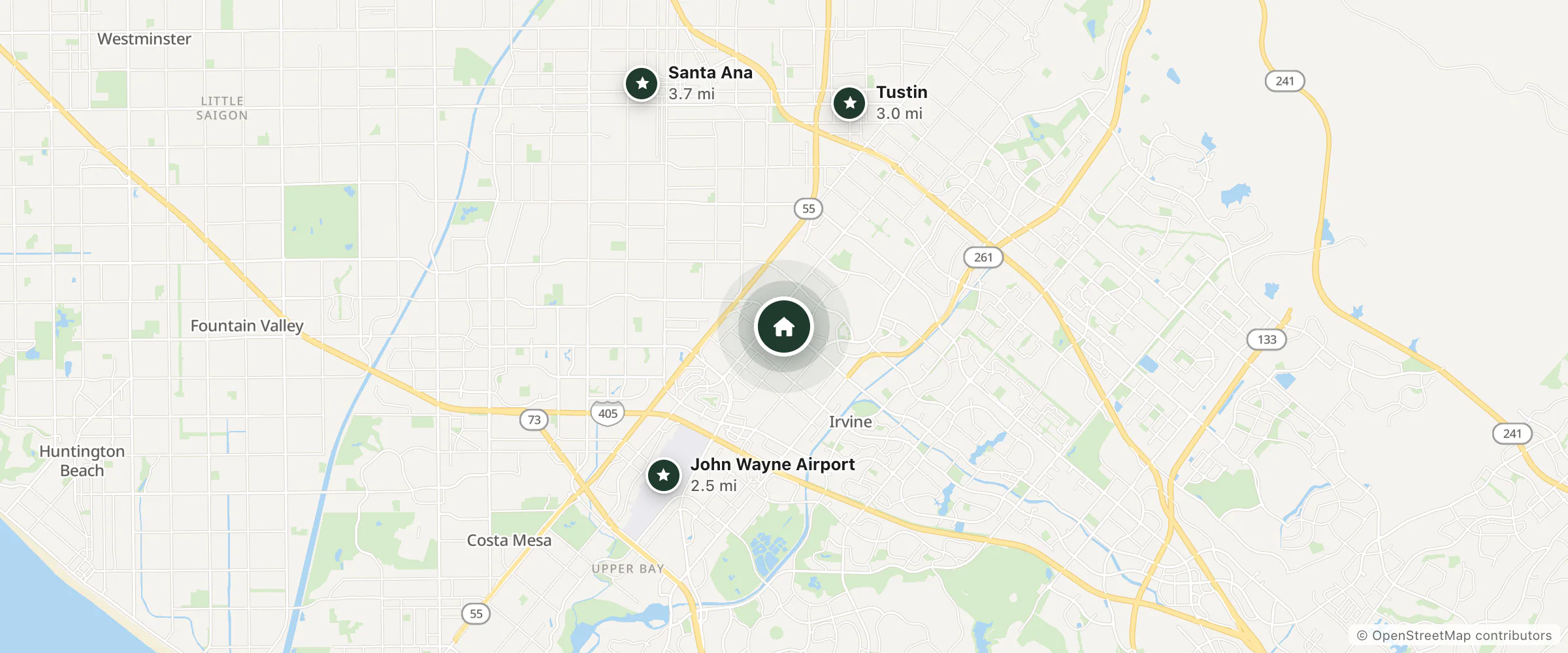 Map of Staybridge Suites Irvine and nearby John Wayne Airport, Tustin and Santa Ana
