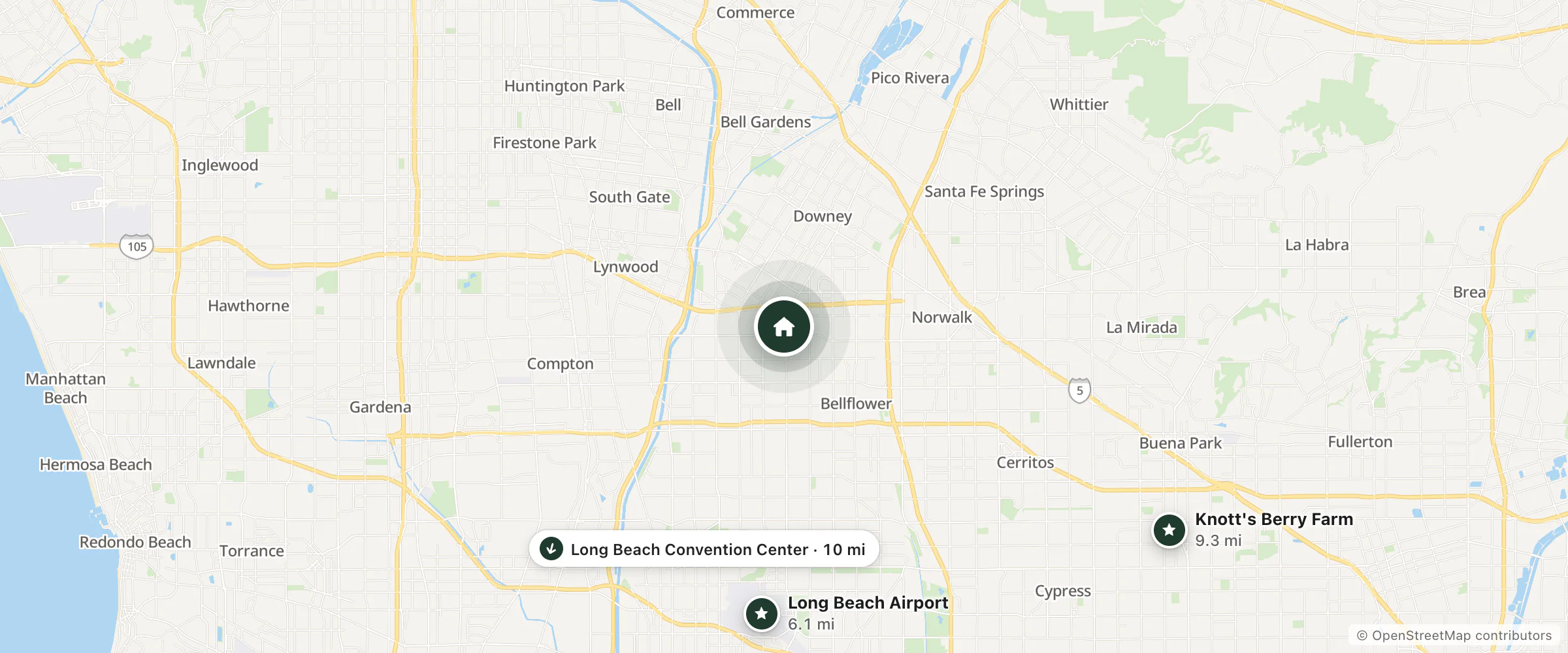 Map of Colonial Motel and nearby Long Beach Airport, Knott's Berry Farm and Long Beach Convention Center