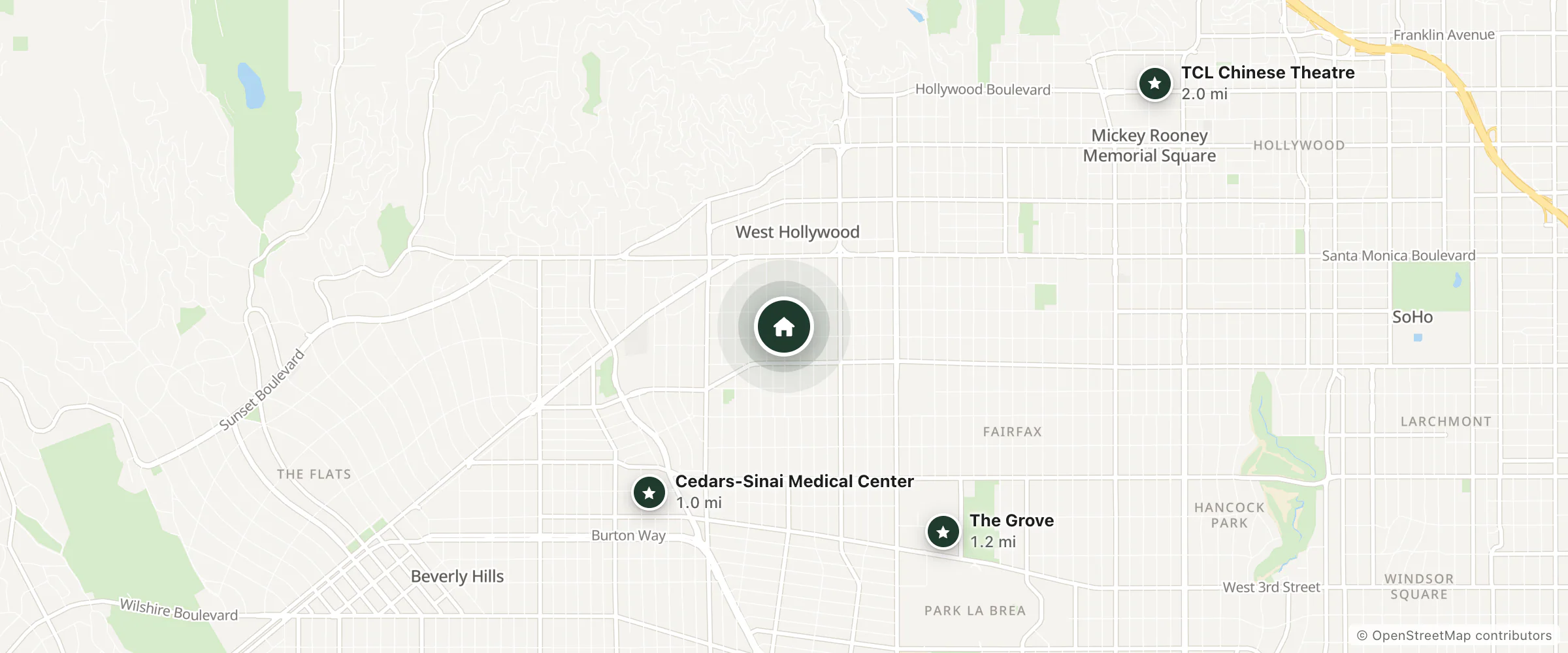 Map of The Charlie and nearby Cedars-Sinai Medical Center, The Grove and TCL Chinese Theatre