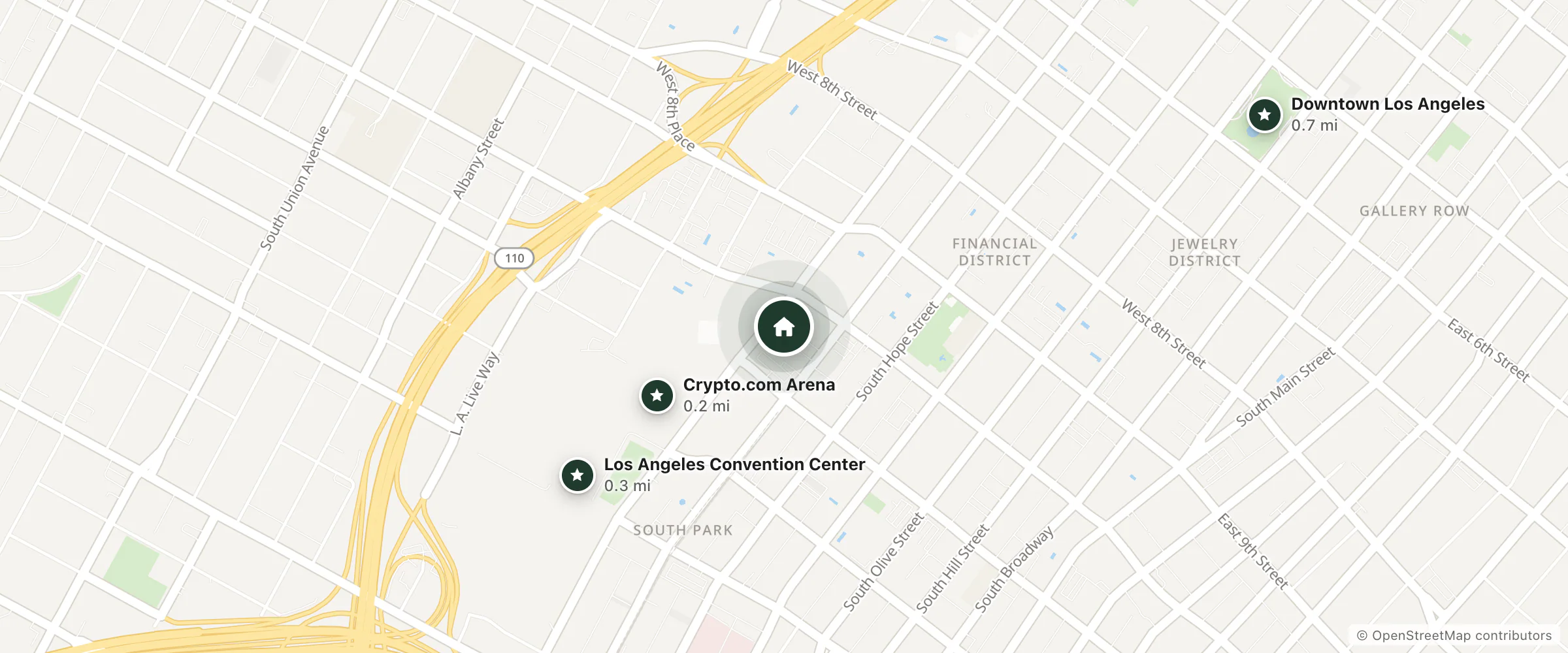 Map of E-Central Downtown Los Angeles Hotel and nearby Crypto.com Arena, Los Angeles Convention Center and Downtown Los Angeles