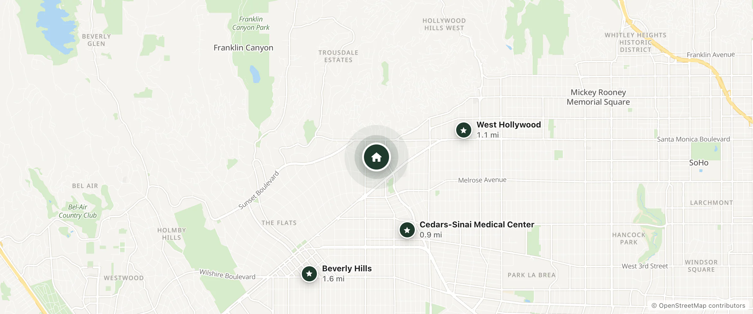 Map of Montrose at Beverly Hills and nearby Cedars-Sinai Medical Center, West Hollywood and Beverly Hills