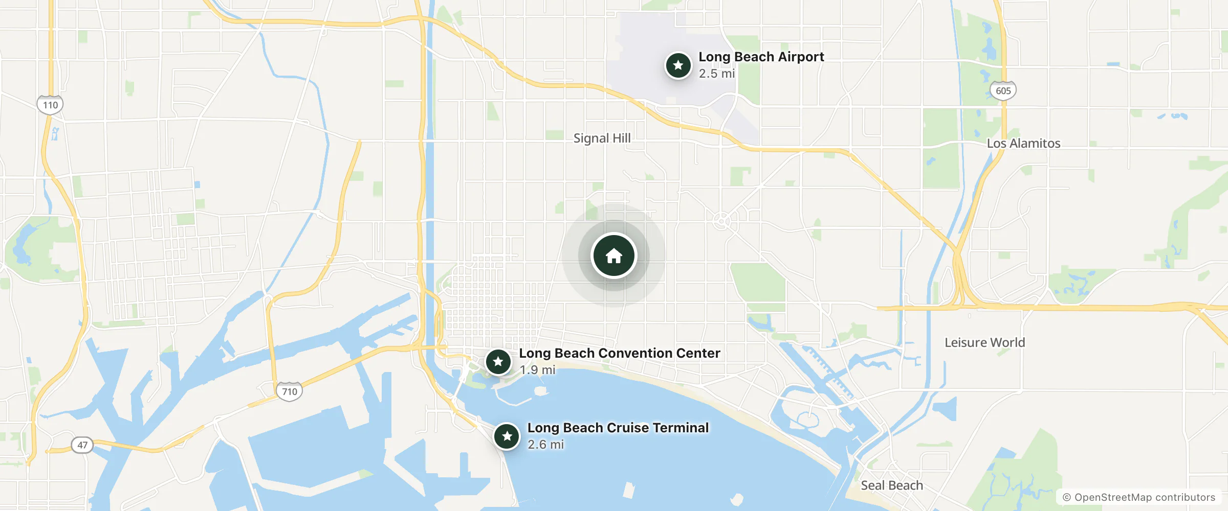 Map of El Punche De Oro Leon Guest House and nearby Long Beach Convention Center, Long Beach Airport and Long Beach Cruise Terminal