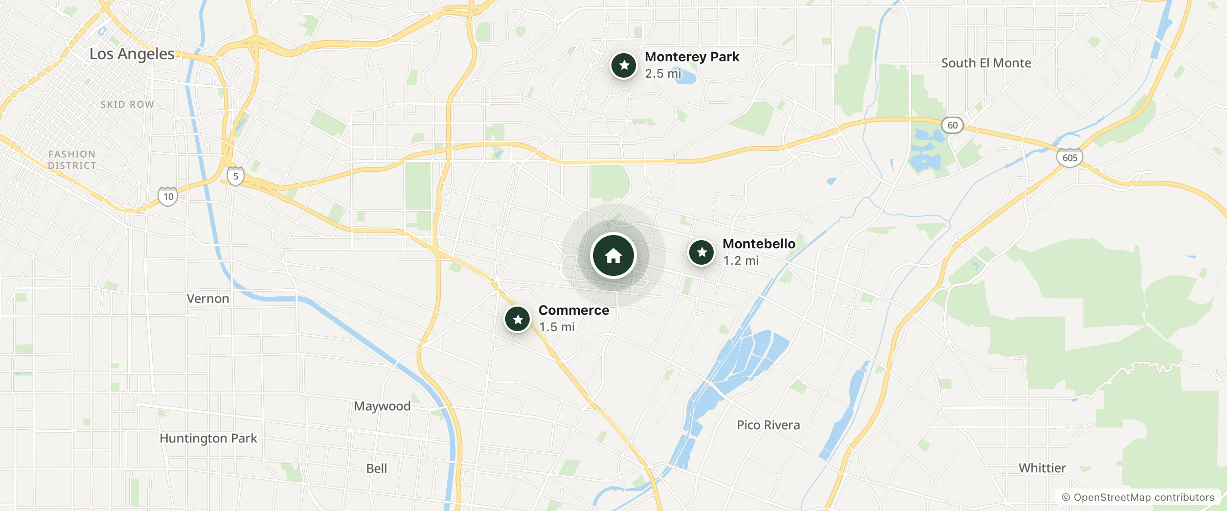 Map of Court Yard Inn and nearby Montebello, Commerce and Monterey Park