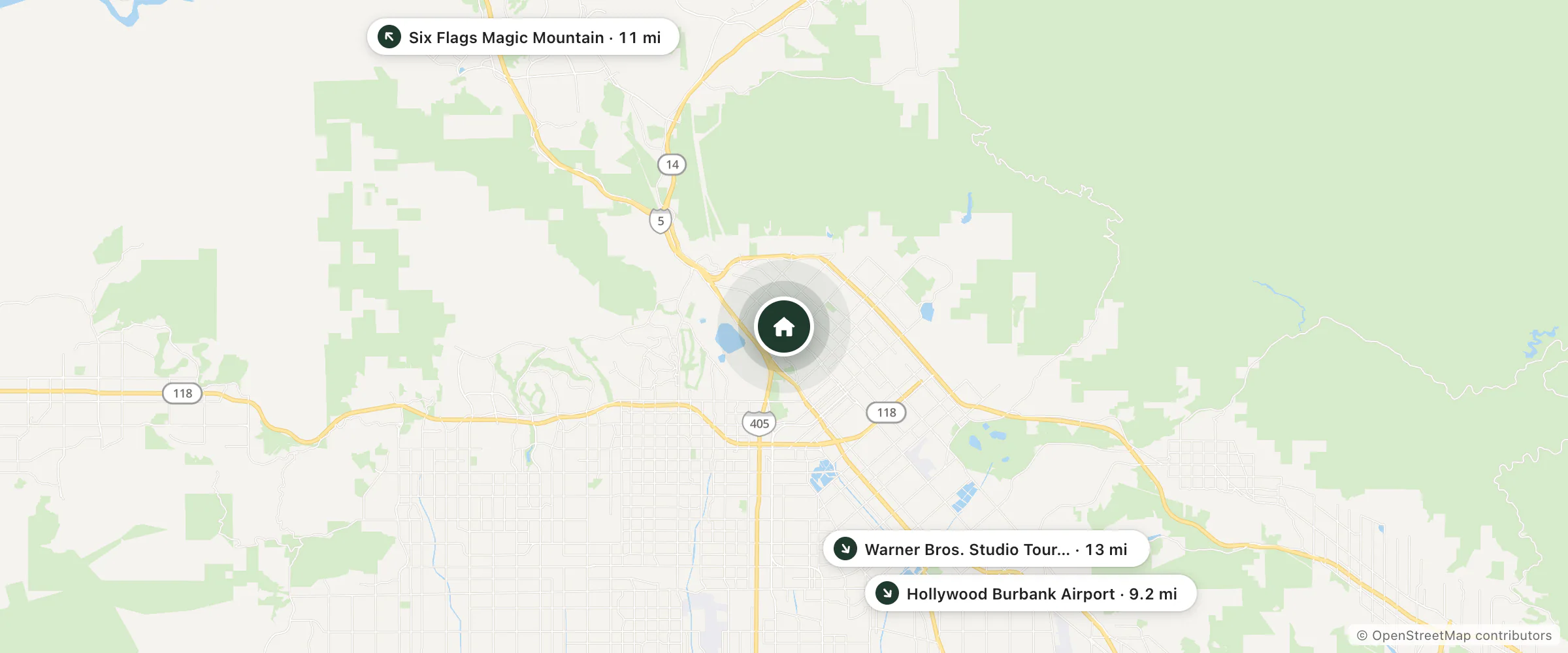 Map of Economy Inn Motel and nearby Hollywood Burbank Airport, Six Flags Magic Mountain and Warner Bros. Studio Tour Hollywood