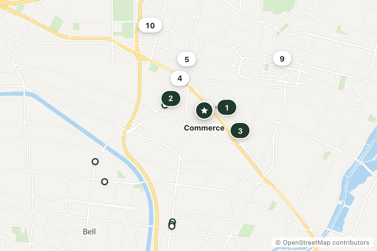 Map of the top 15 hotels for this question around Commerce