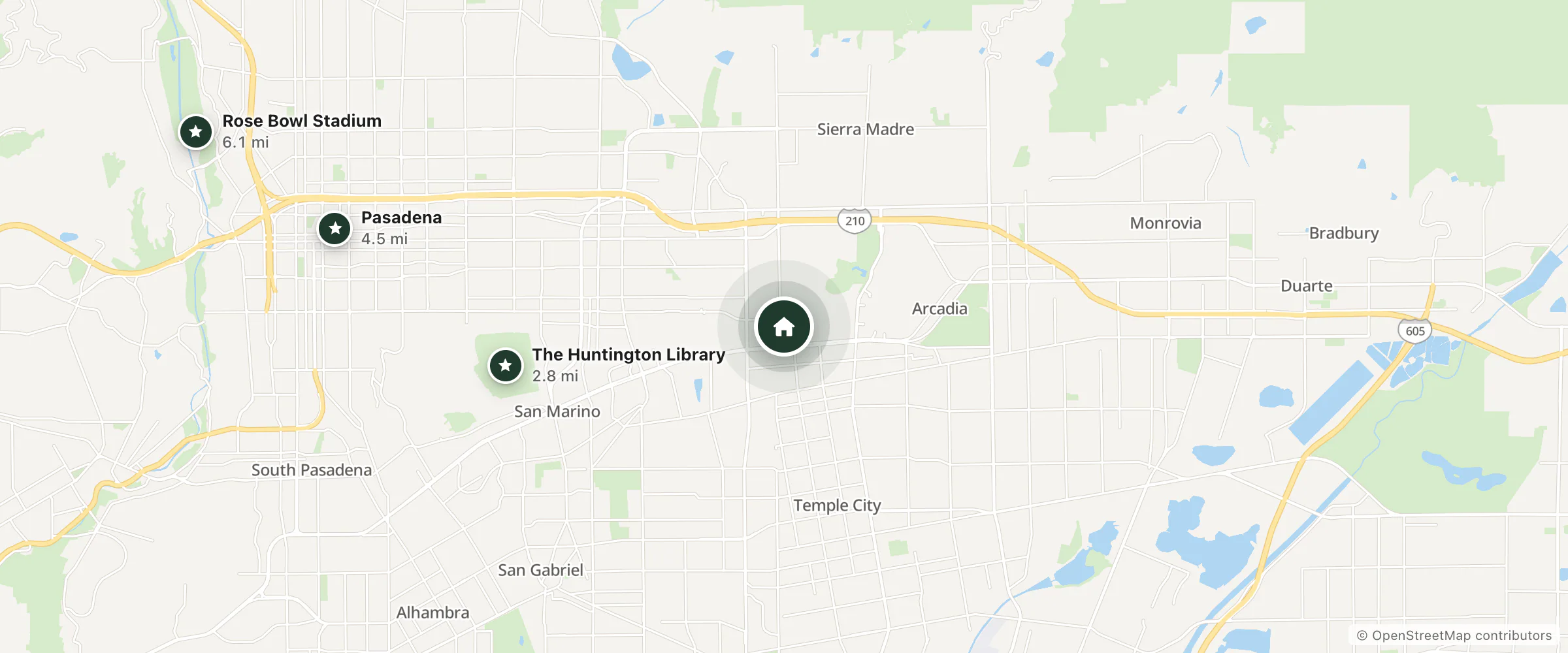 Map of Arcadia Regency Retirement Hotel and nearby The Huntington Library, Pasadena and Rose Bowl Stadium