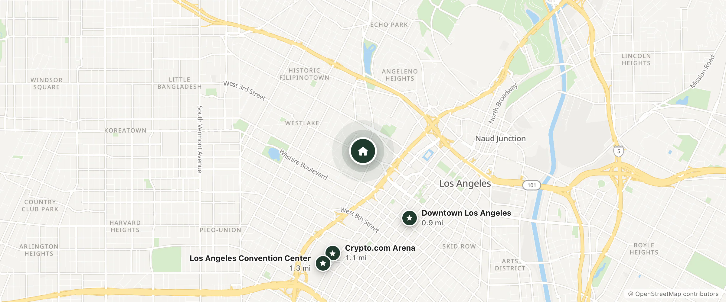 Map of The Metric Hotel and nearby Downtown Los Angeles, Crypto.com Arena and Los Angeles Convention Center