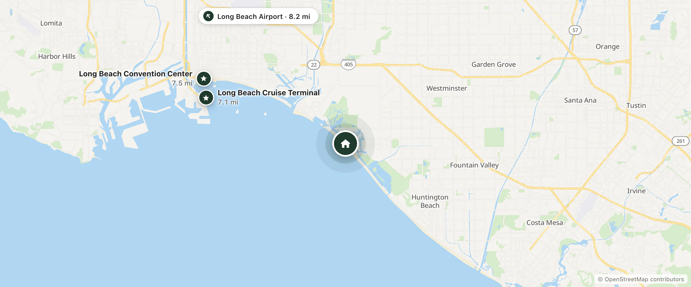 Map of Travelodge by Wyndham Sunset-Huntington Beach Ocean Front and nearby Long Beach Cruise Terminal, Long Beach Convention Center and Long Beach Airport