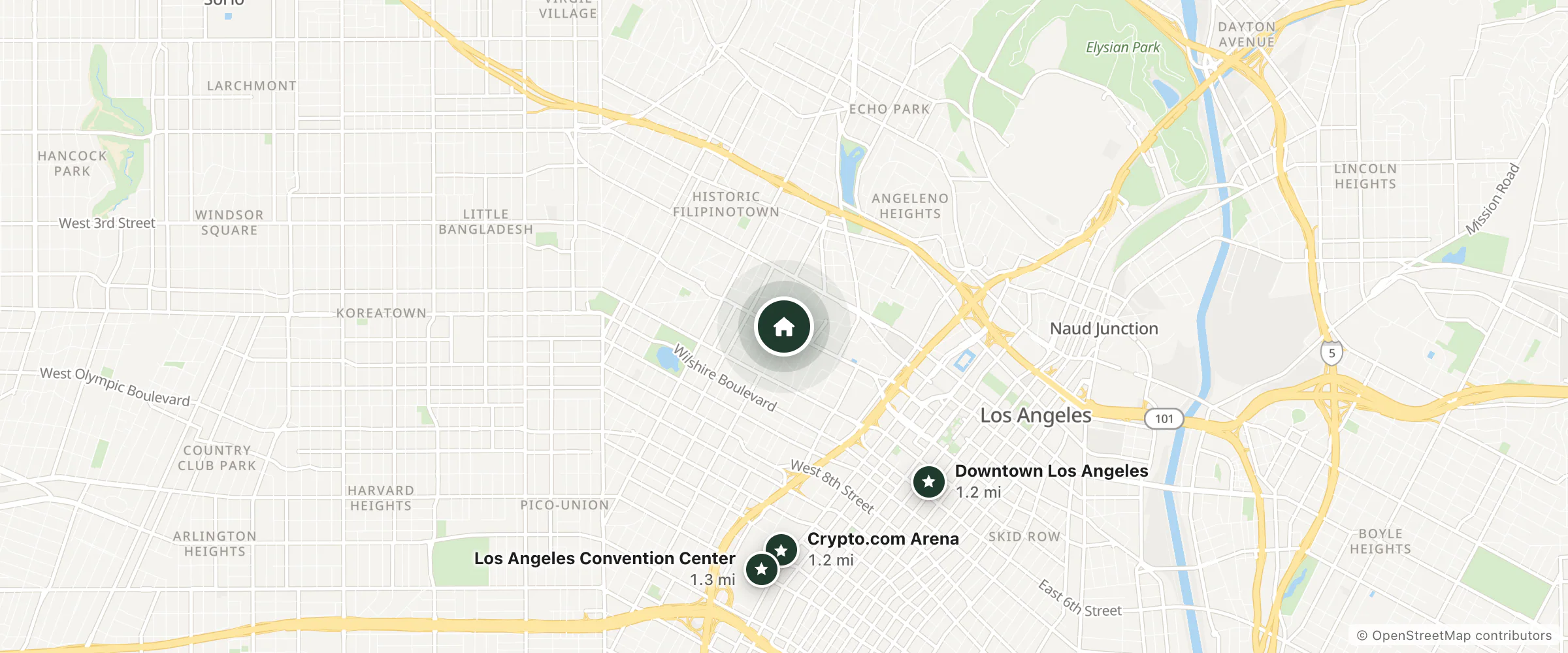 Map of Holiday Lodge and nearby Downtown Los Angeles, Crypto.com Arena and Los Angeles Convention Center