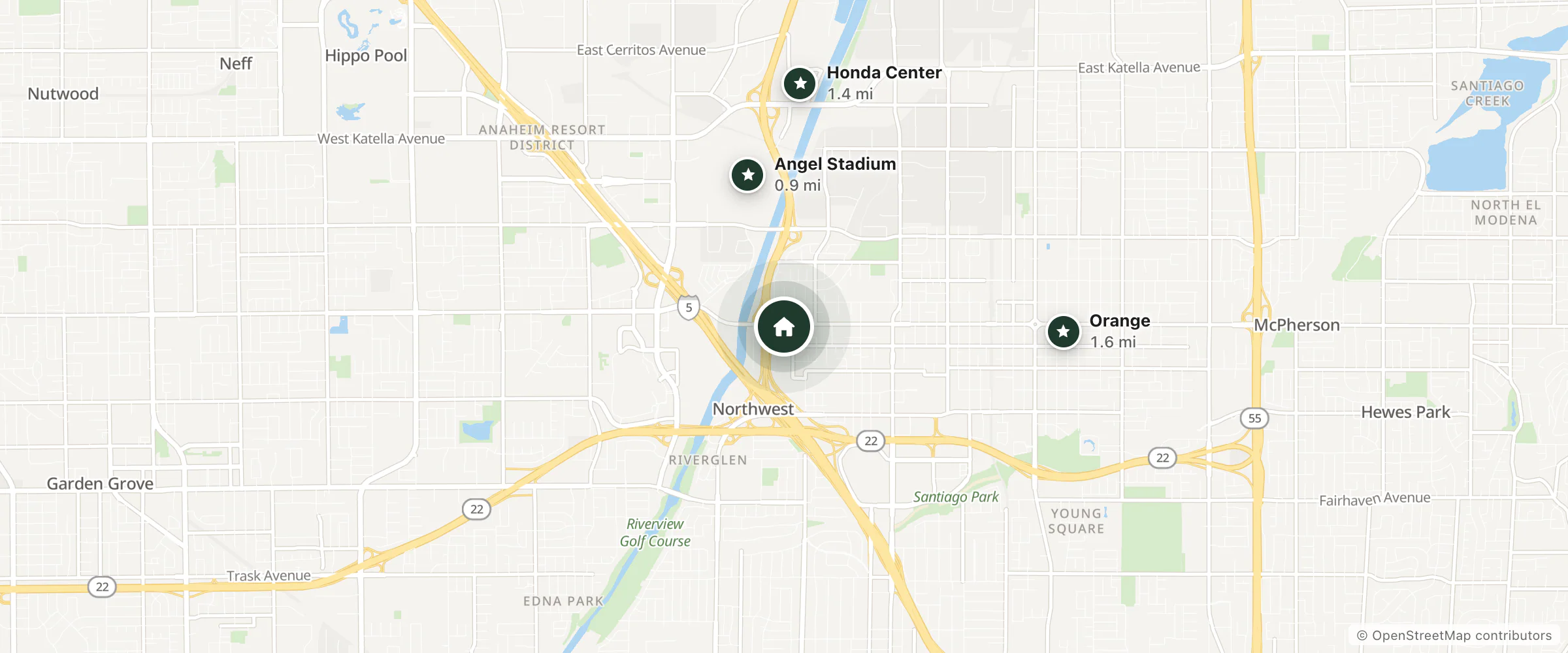 Map of Angel Motel and nearby Angel Stadium, Honda Center and Orange