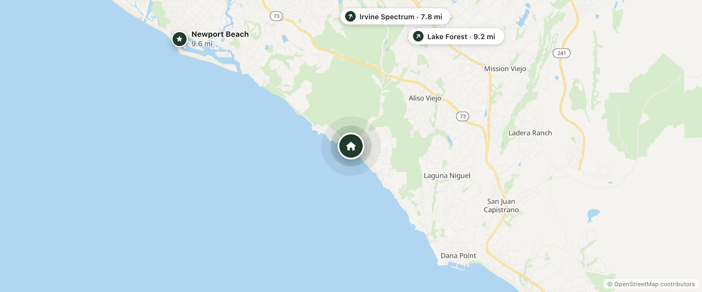 Map of Casa Loma Beach Hotel and nearby Irvine Spectrum, Lake Forest and Newport Beach