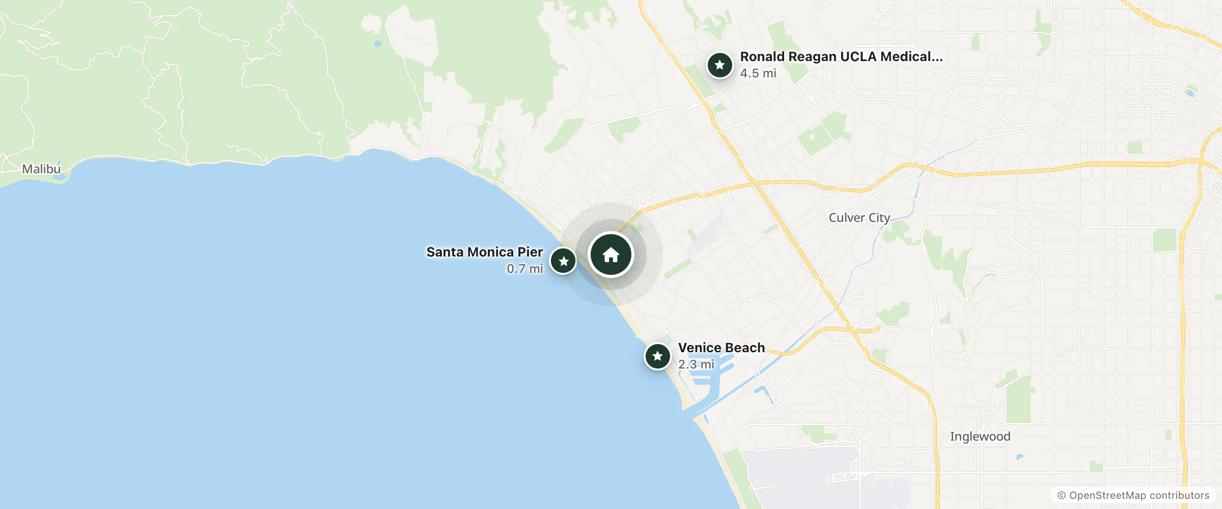 Map of Hyatt Centric Delfina Santa Monica and nearby Santa Monica Pier, Venice Beach and Ronald Reagan UCLA Medical Center