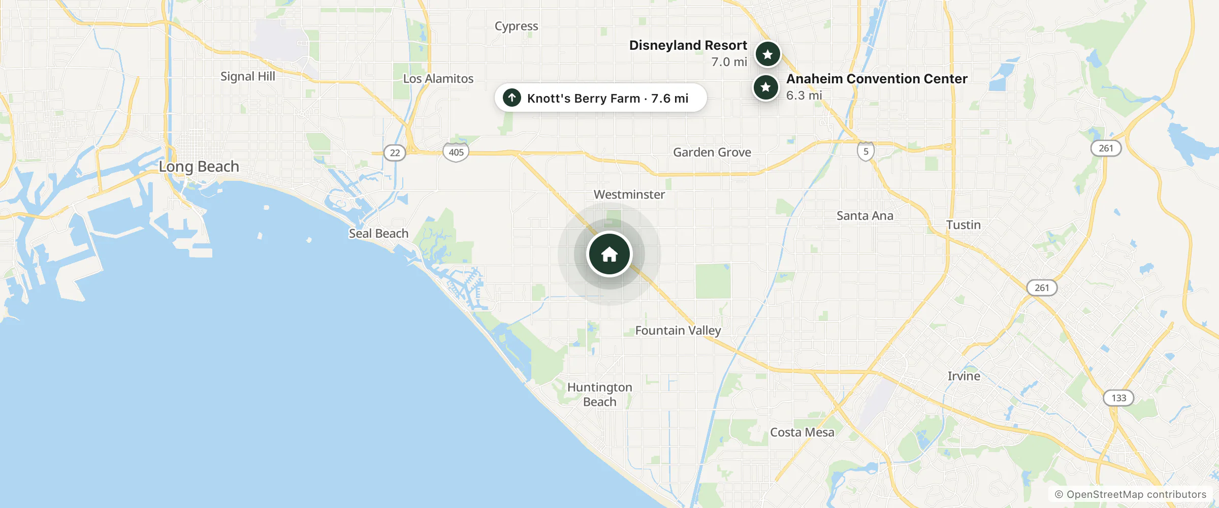 Map of The Hotel Huntington Beach and nearby Anaheim Convention Center, Disneyland Resort and Knott's Berry Farm