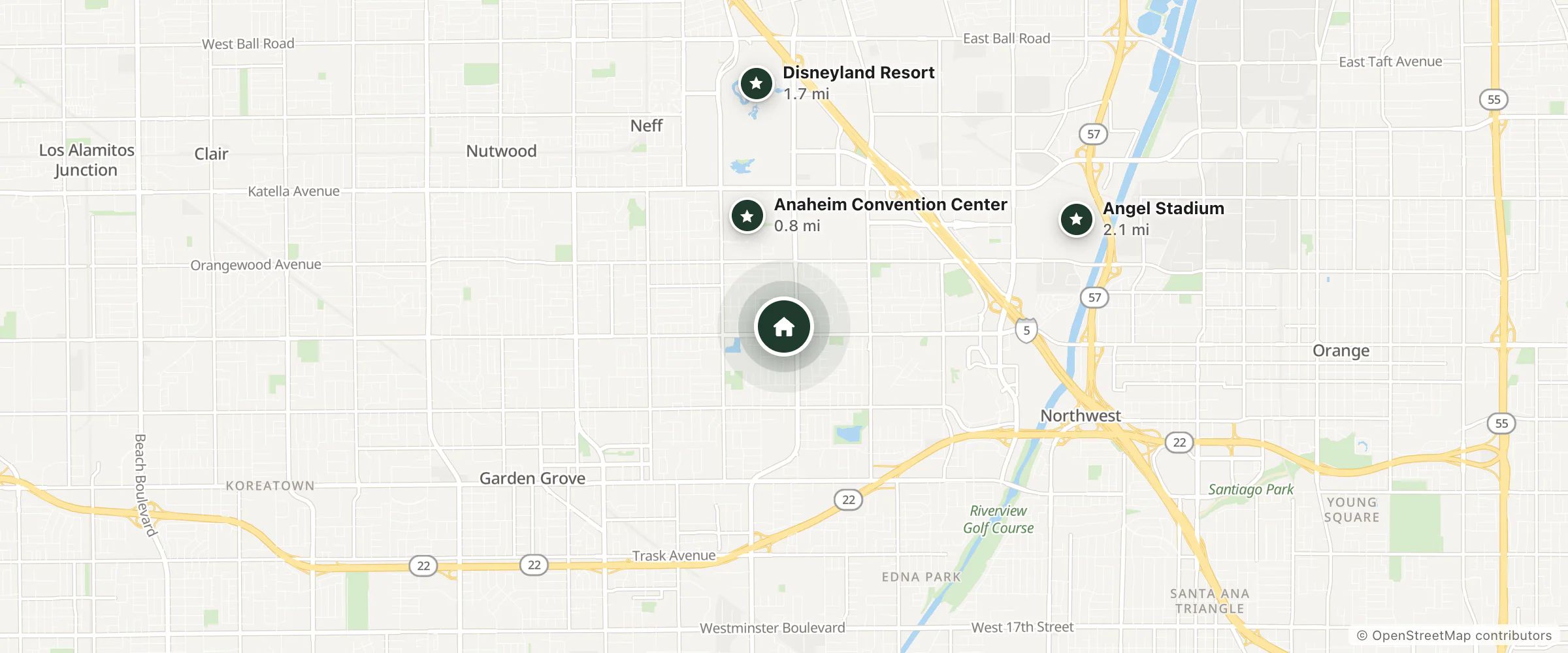 Map of Hyatt Regency Orange County and nearby Anaheim Convention Center, Disneyland Resort and Angel Stadium