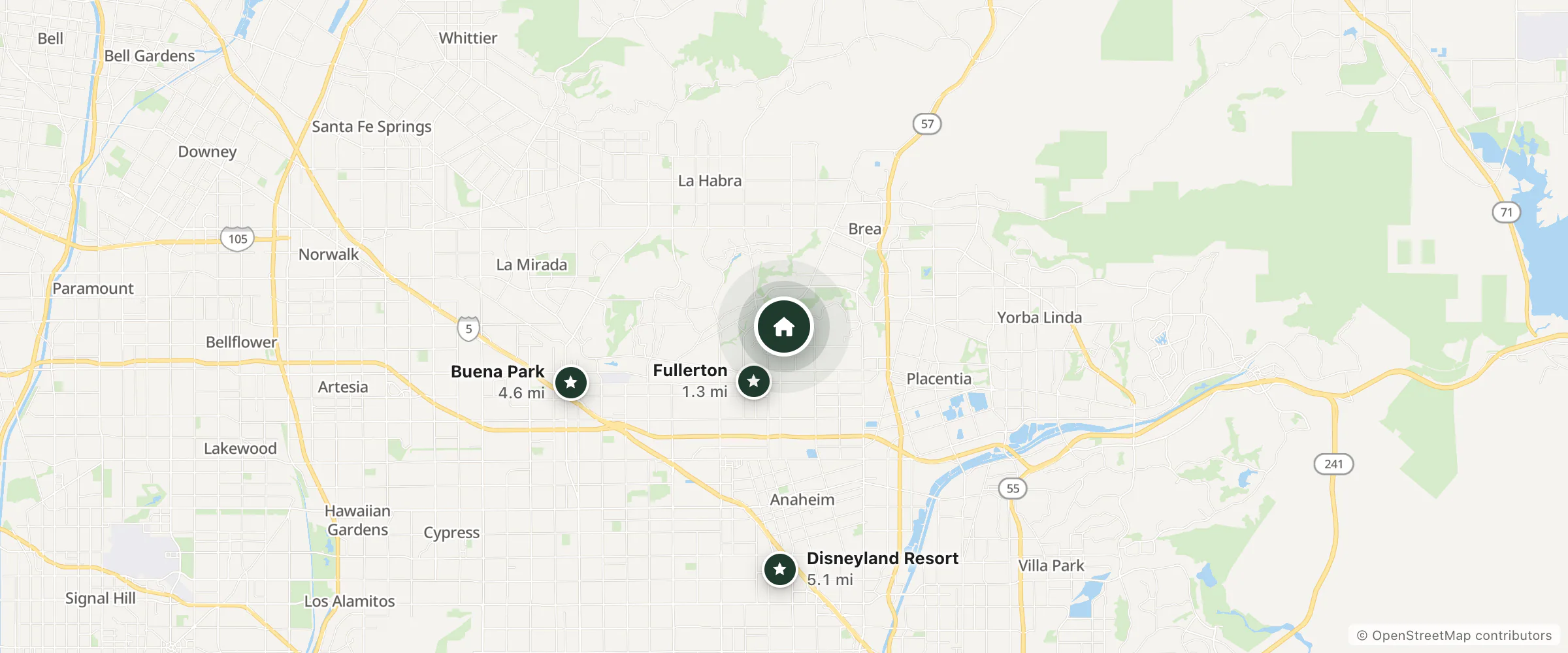Map of Hidden Lakes Resort & Spa and nearby Fullerton, Buena Park and Disneyland Resort