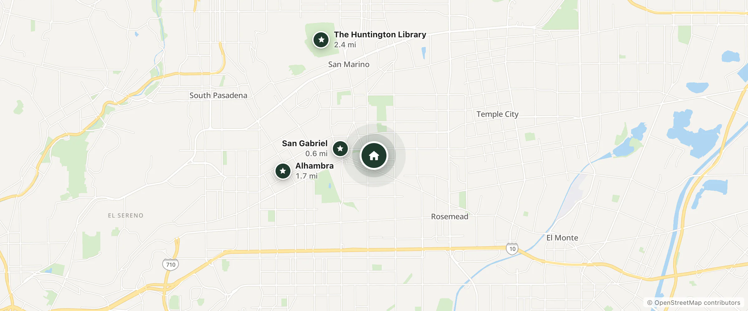 Map of Regent Suites and nearby San Gabriel, Alhambra and The Huntington Library