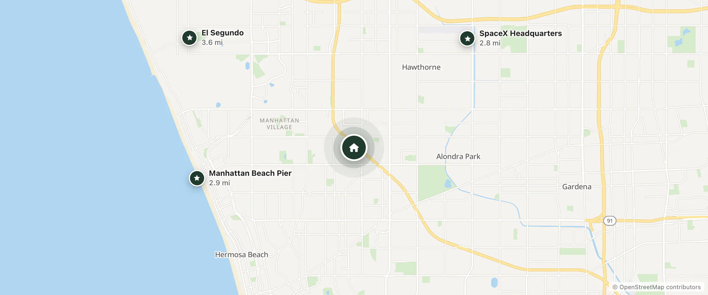 Map of Homewood Suites By Hilton Los Angeles Redondo Beach and nearby SpaceX Headquarters, Manhattan Beach Pier and El Segundo