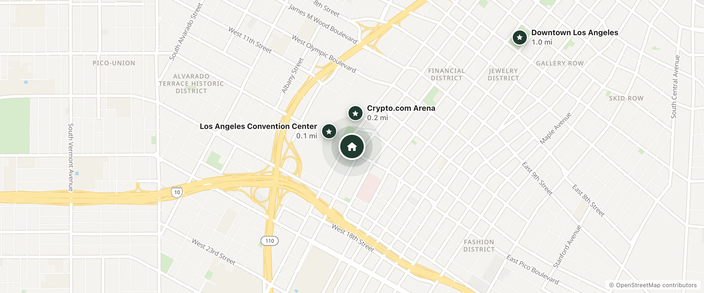 Map of AC Hotel Downtown Los Angeles and nearby Los Angeles Convention Center, Crypto.com Arena and Downtown Los Angeles