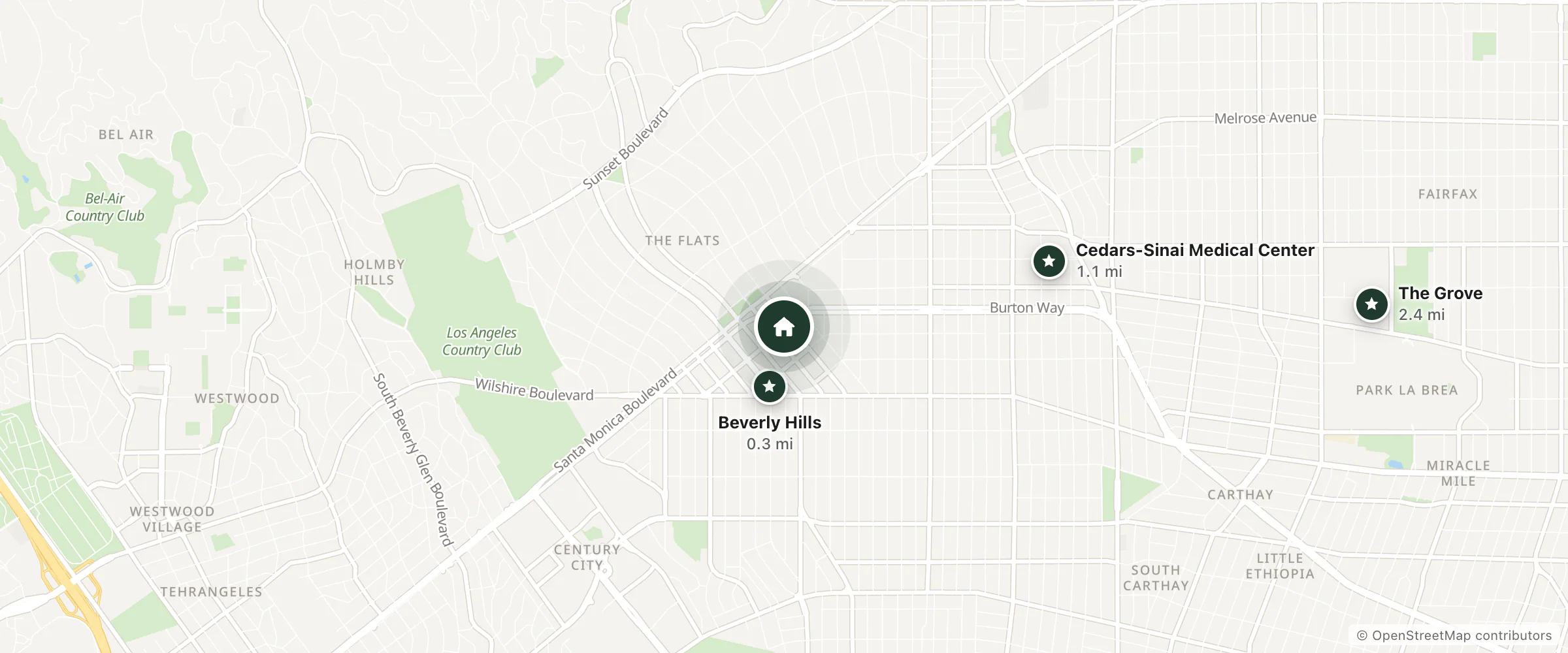 Map of Crescent Hotel Beverly Hills and nearby Beverly Hills, Cedars-Sinai Medical Center and The Grove