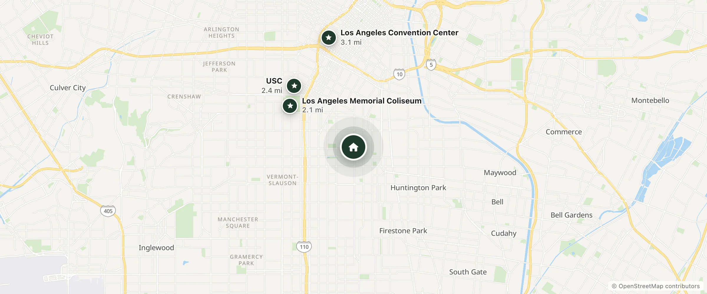 Map of Bronco Motel South Central and nearby Los Angeles Memorial Coliseum, USC and Los Angeles Convention Center