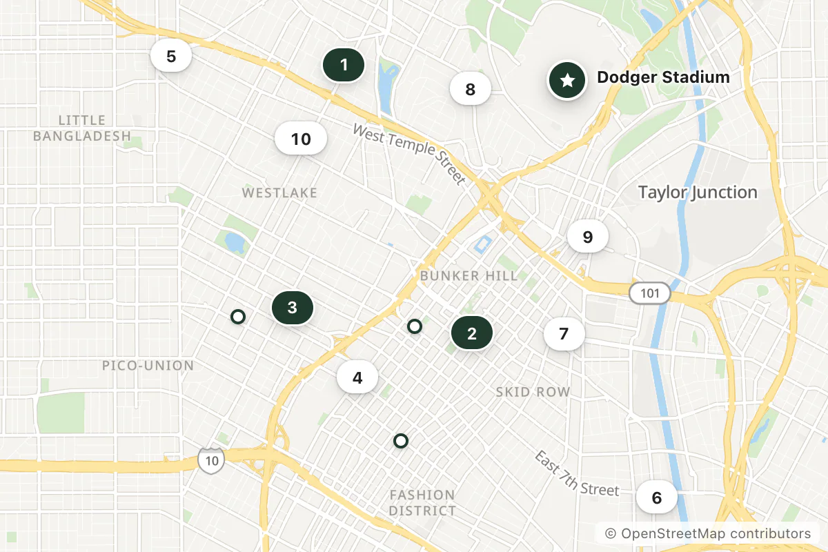 Map of the top 13 hotels for this question around Dodger Stadium