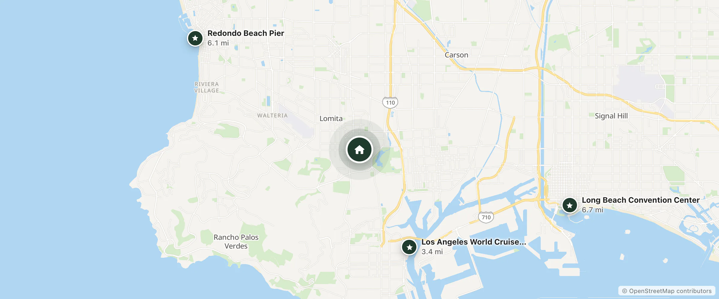 Map of Palm Motel and nearby Los Angeles World Cruise Center, Redondo Beach Pier and Long Beach Convention Center