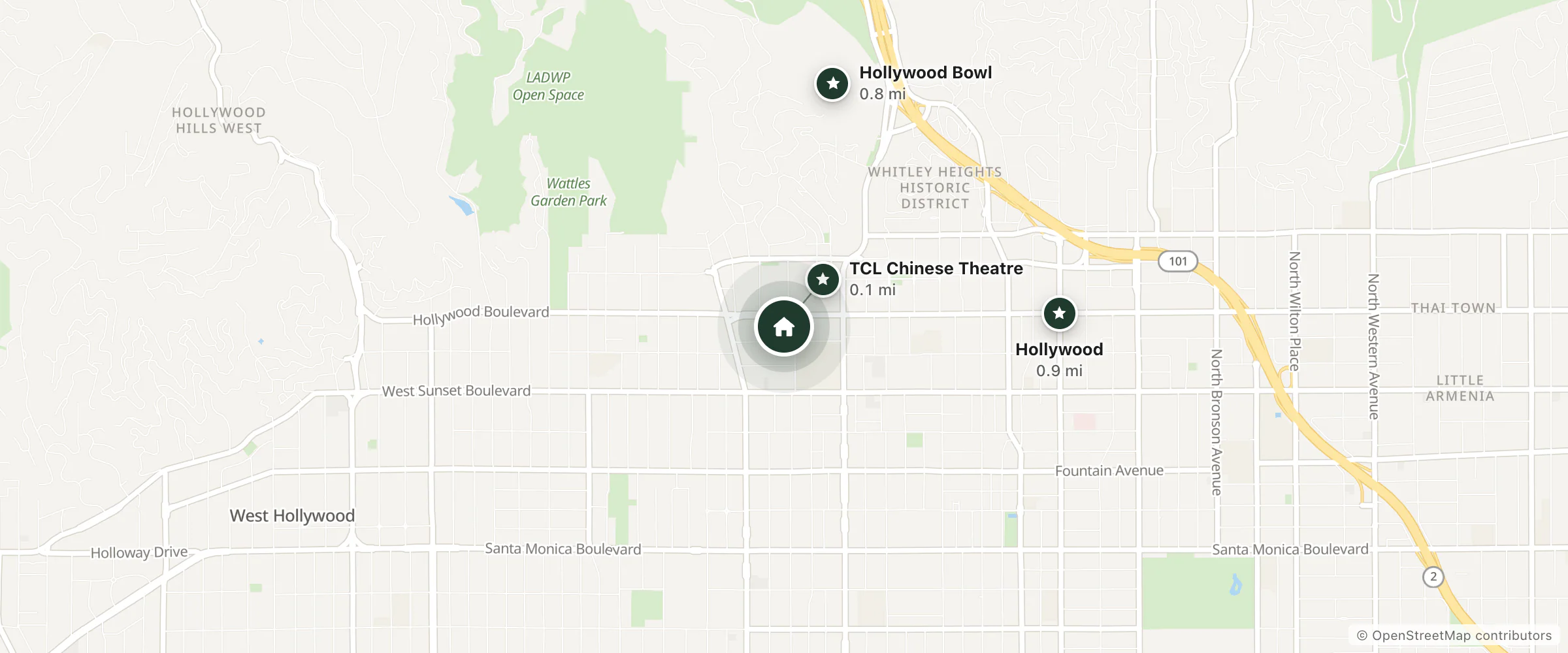 Map of Rosevelt Hotel and nearby TCL Chinese Theatre, Hollywood Bowl and Hollywood