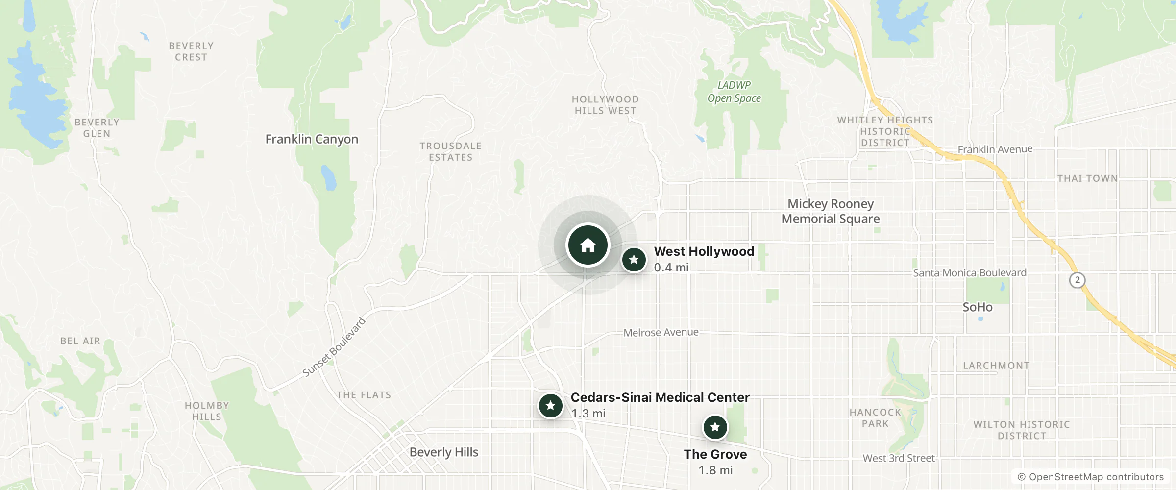Map of The James West Hollywood-Sunset and nearby West Hollywood, Cedars-Sinai Medical Center and The Grove