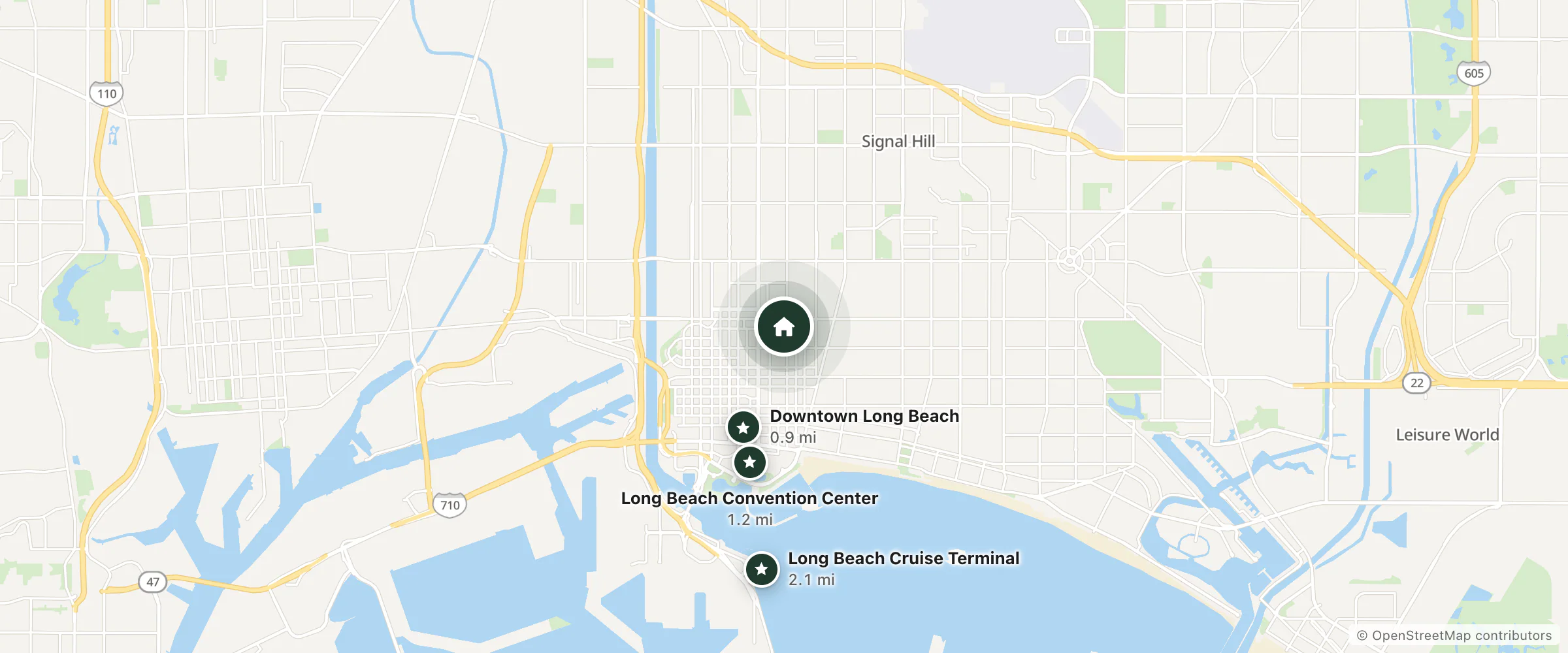 Map of Comfort Inn and nearby Downtown Long Beach, Long Beach Convention Center and Long Beach Cruise Terminal