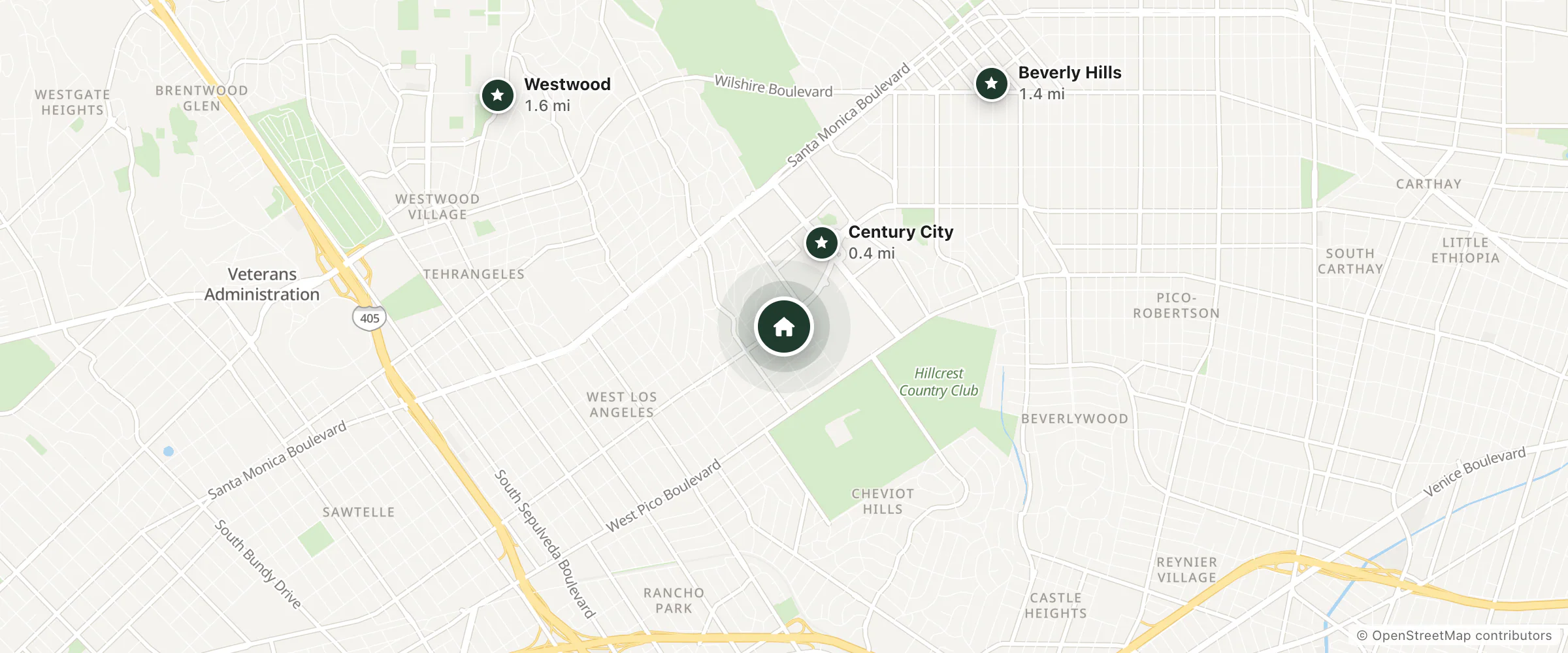 Map of Century Park Hotel and nearby Century City, Beverly Hills and Westwood
