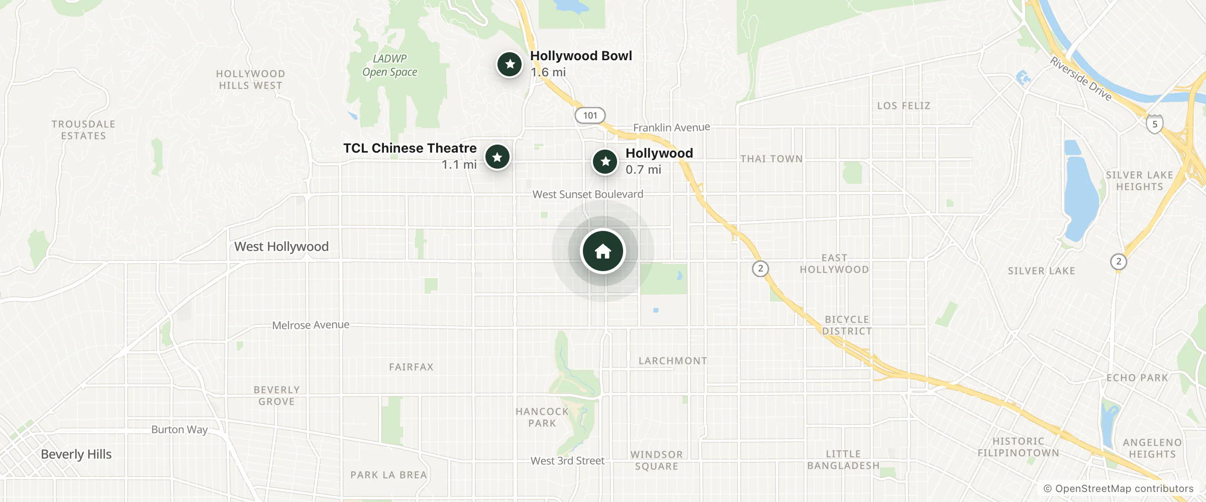 Map of Hampton Inn & Suites Los Angeles Hollywood and nearby Hollywood, TCL Chinese Theatre and Hollywood Bowl