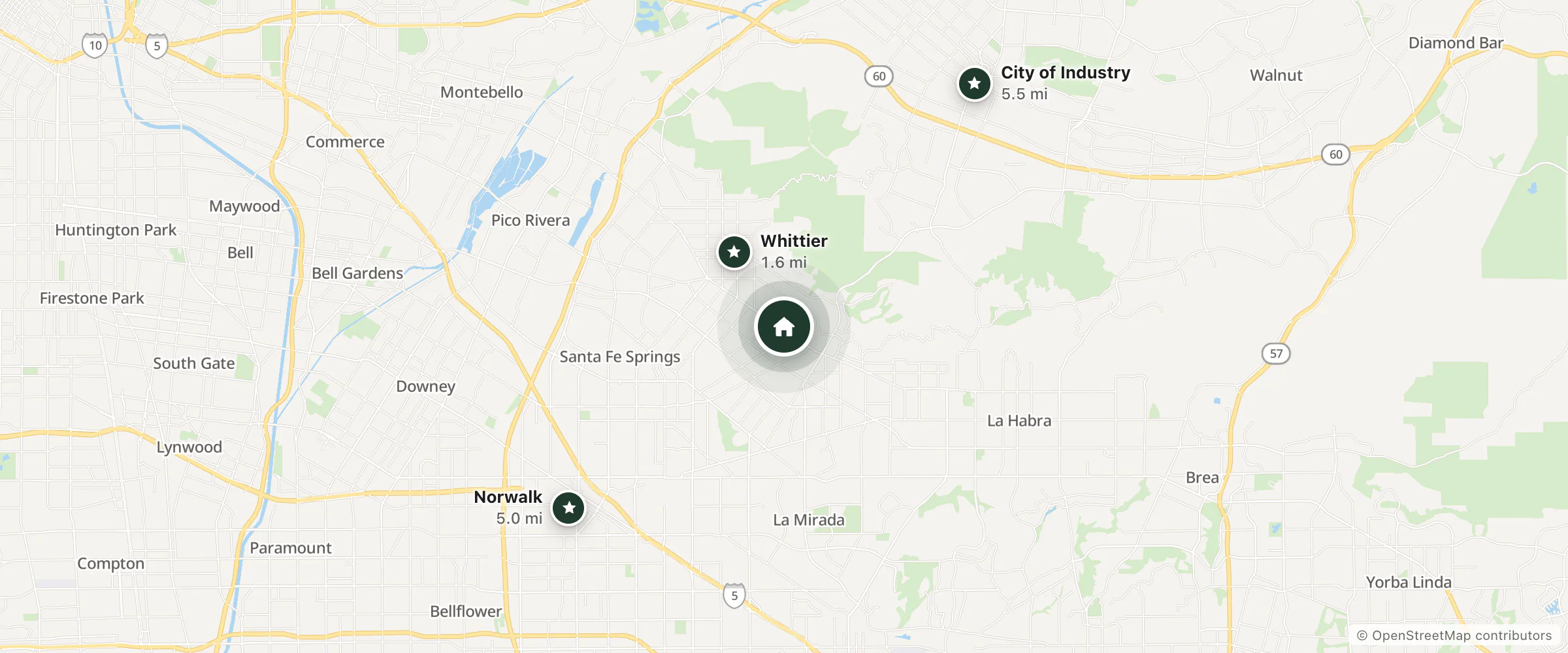 Map of Friendly Hills Inn Whittier and nearby Whittier, Norwalk and City of Industry