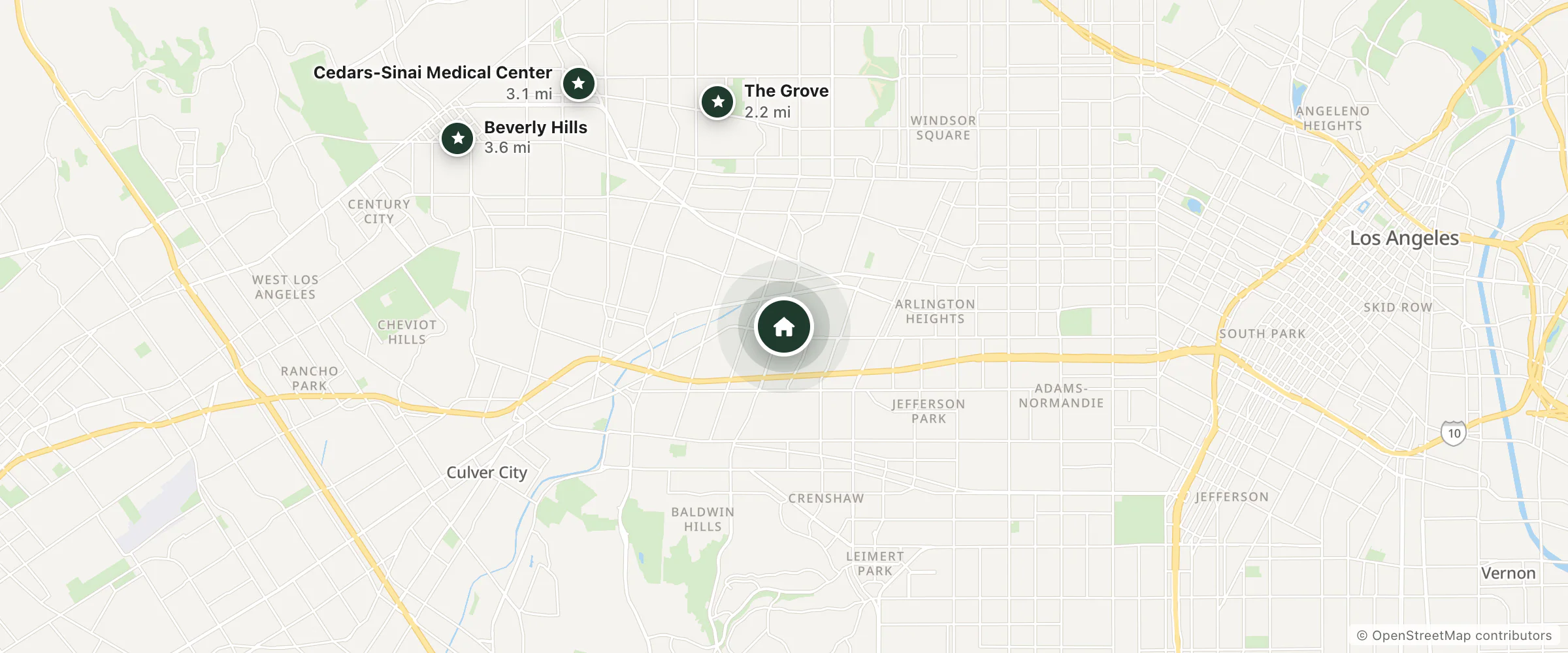 Map of Starlight Inn La Brea and nearby The Grove, Cedars-Sinai Medical Center and Beverly Hills