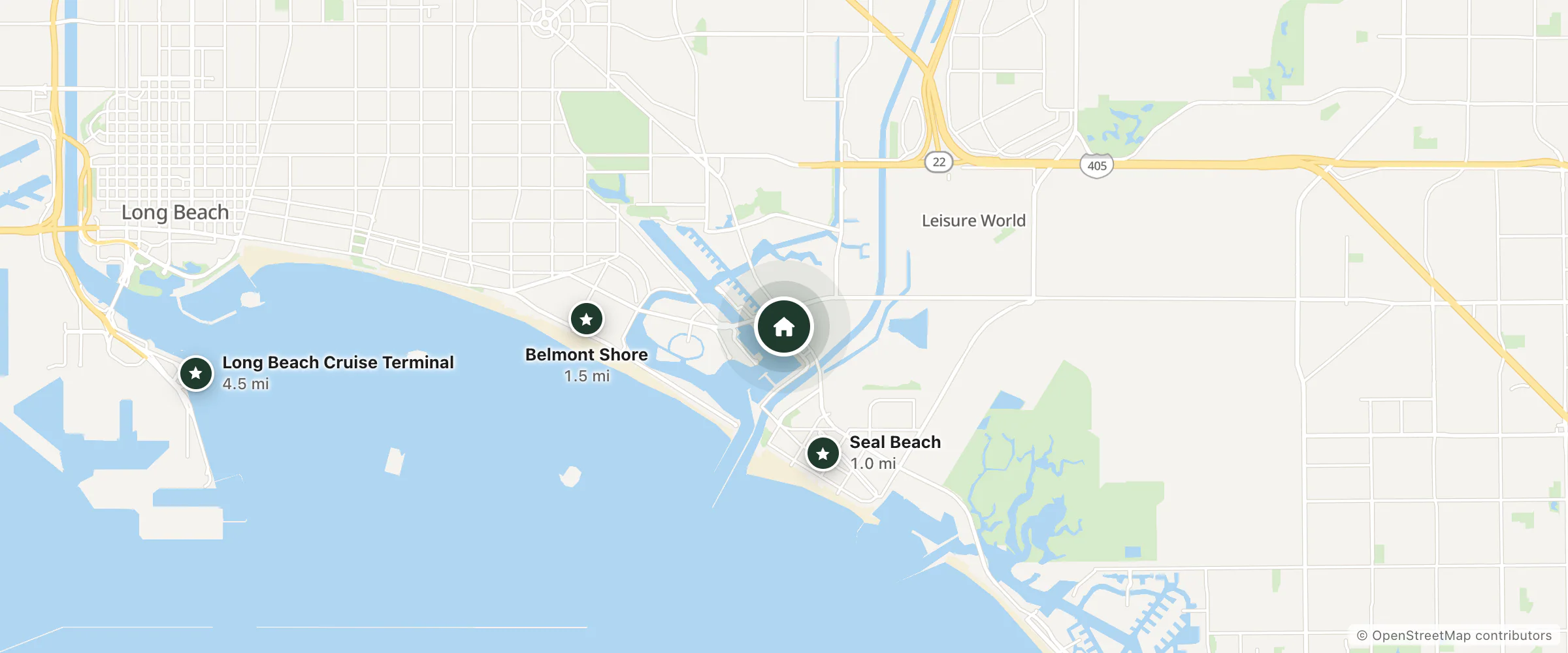 Map of Seaport Marina Hotel and nearby Seal Beach, Belmont Shore and Long Beach Cruise Terminal