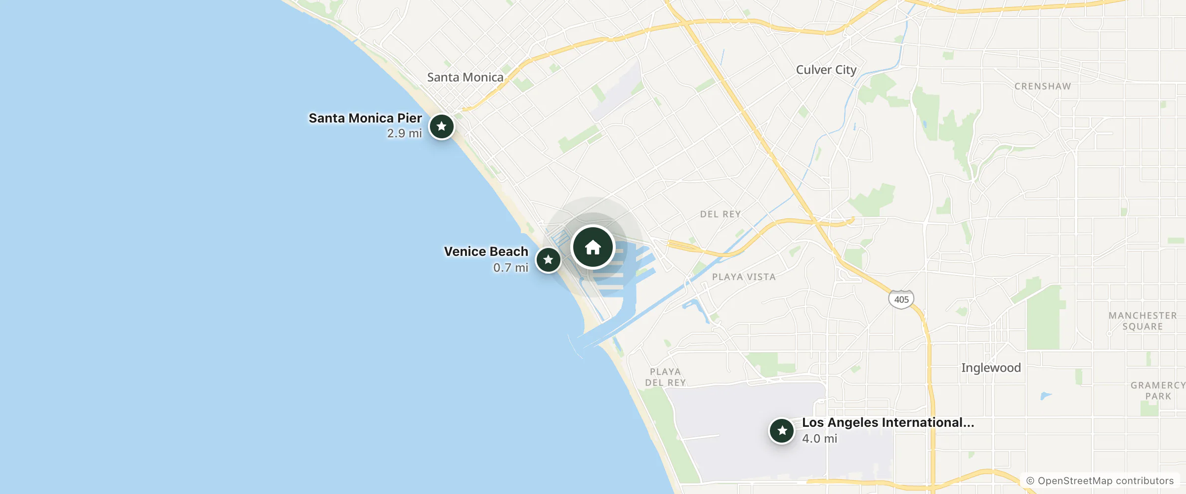 Map of Jamaica Bay Inn and nearby Venice Beach, Santa Monica Pier and Los Angeles International Airport