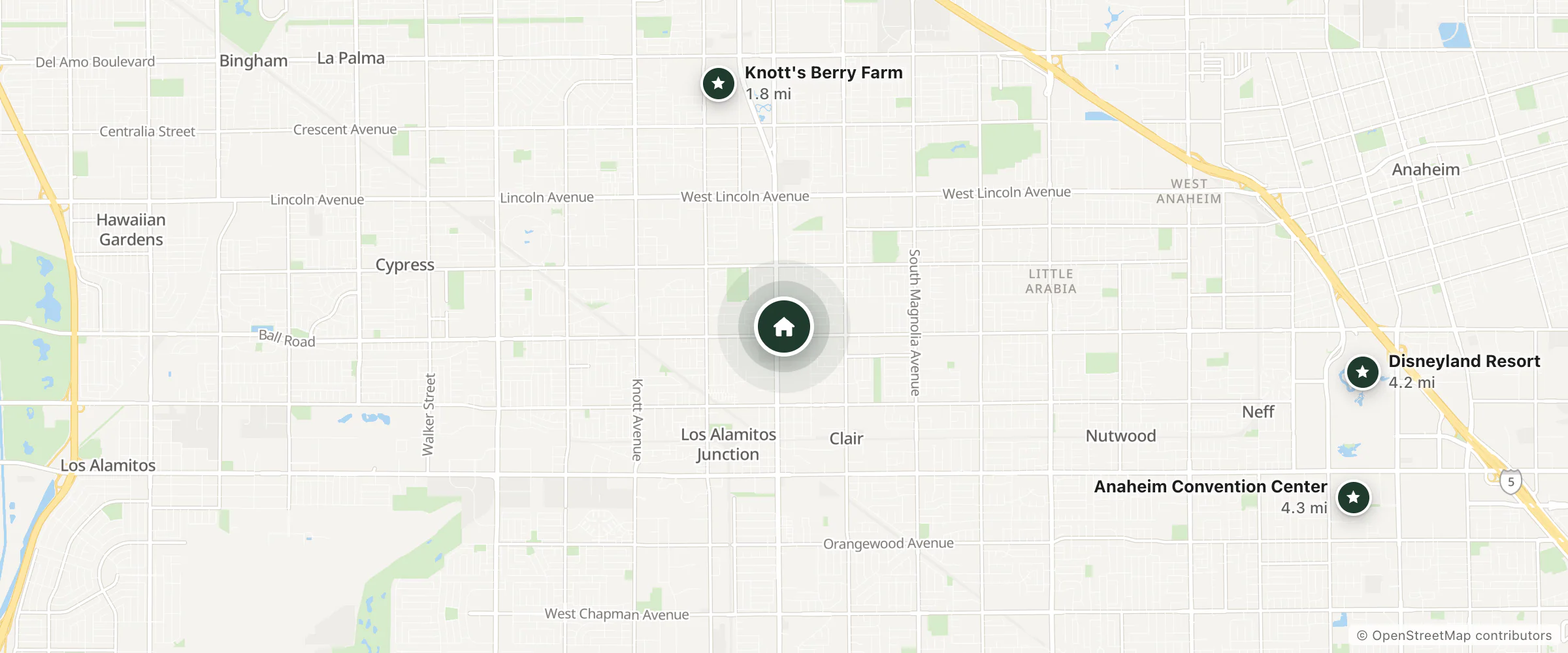 Map of Shadow Park Inn and Suites and nearby Knott's Berry Farm, Disneyland Resort and Anaheim Convention Center