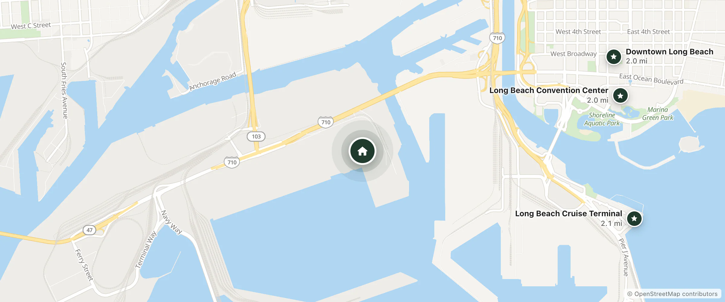 Map of Hanjin Resort & Spa and nearby Long Beach Convention Center, Downtown Long Beach and Long Beach Cruise Terminal