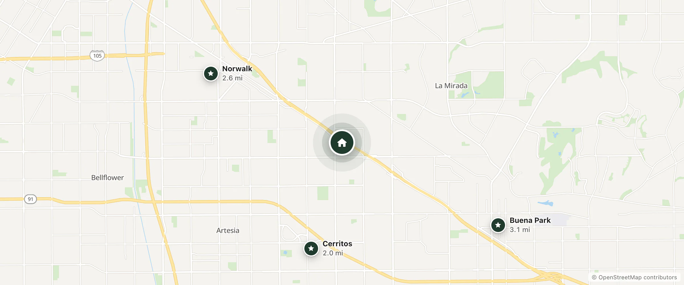 Map of Dynasty Suites and nearby Cerritos, Norwalk and Buena Park