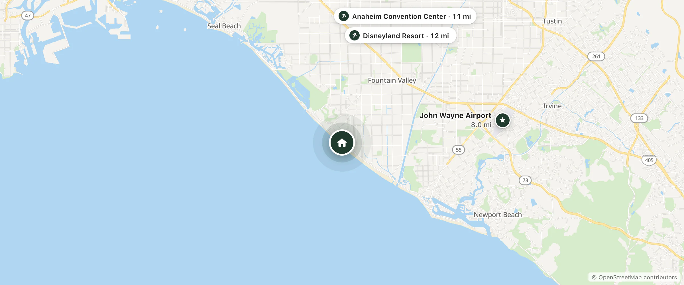 Map of Huntington Beach Inn and nearby John Wayne Airport, Anaheim Convention Center and Disneyland Resort