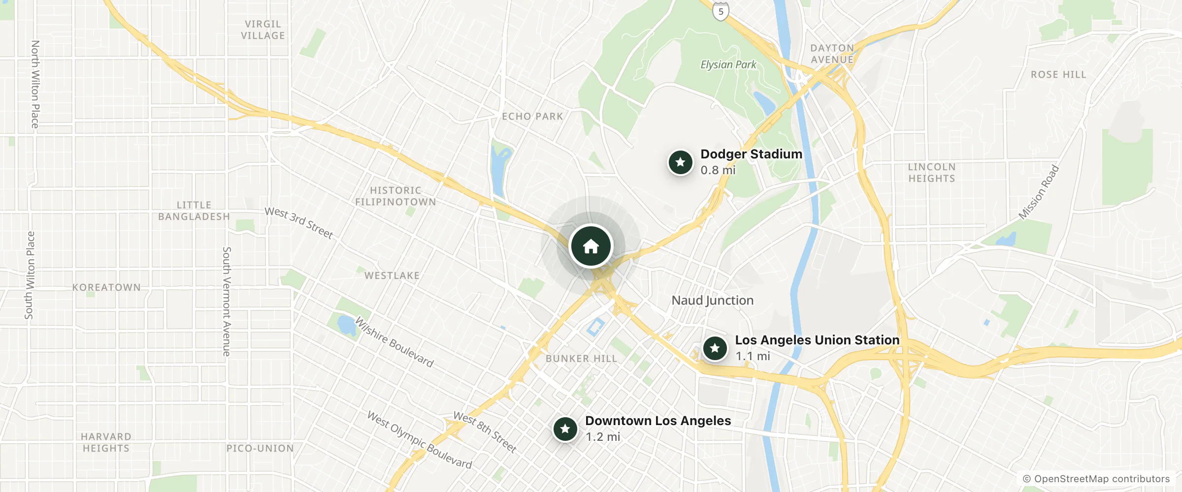 Map of PARADISE MOTEL and nearby Dodger Stadium, Los Angeles Union Station and Downtown Los Angeles