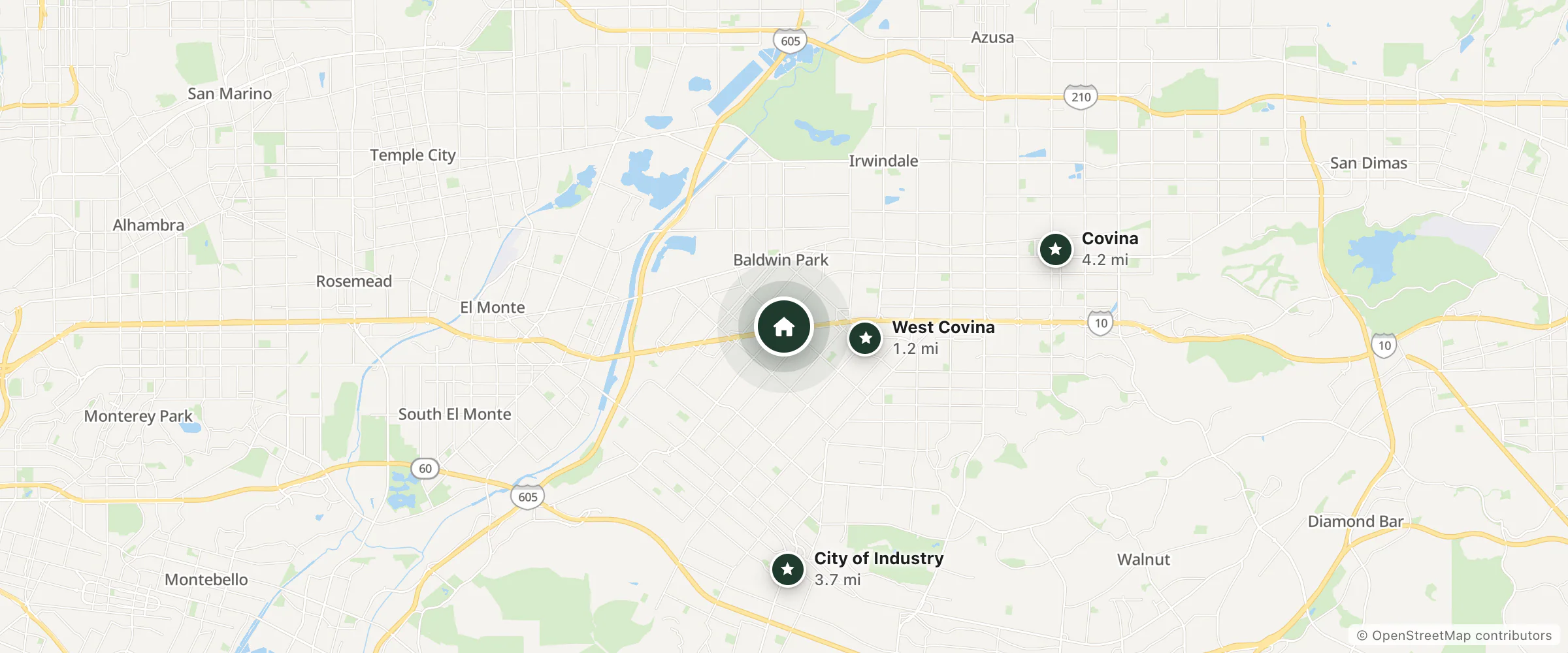 Map of Motel 6 Baldwin Park, CA - Los Angeles and nearby West Covina, City of Industry and Covina