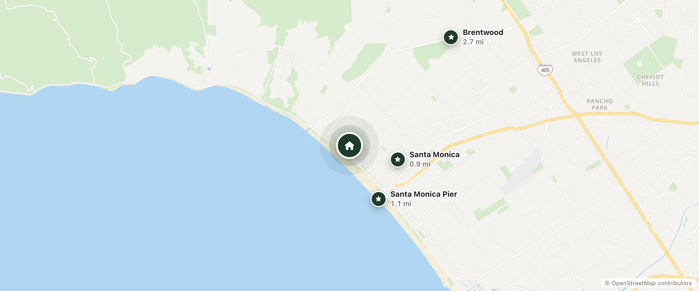 Map of The Boardwalk on Montana and nearby Santa Monica, Santa Monica Pier and Brentwood