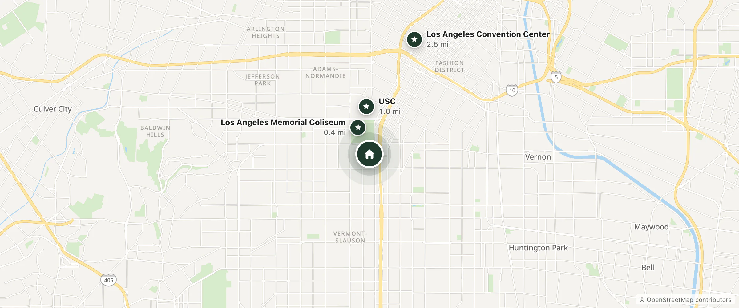 Map of Forty First Place - Boutique Hostel and nearby Los Angeles Memorial Coliseum, USC and Los Angeles Convention Center