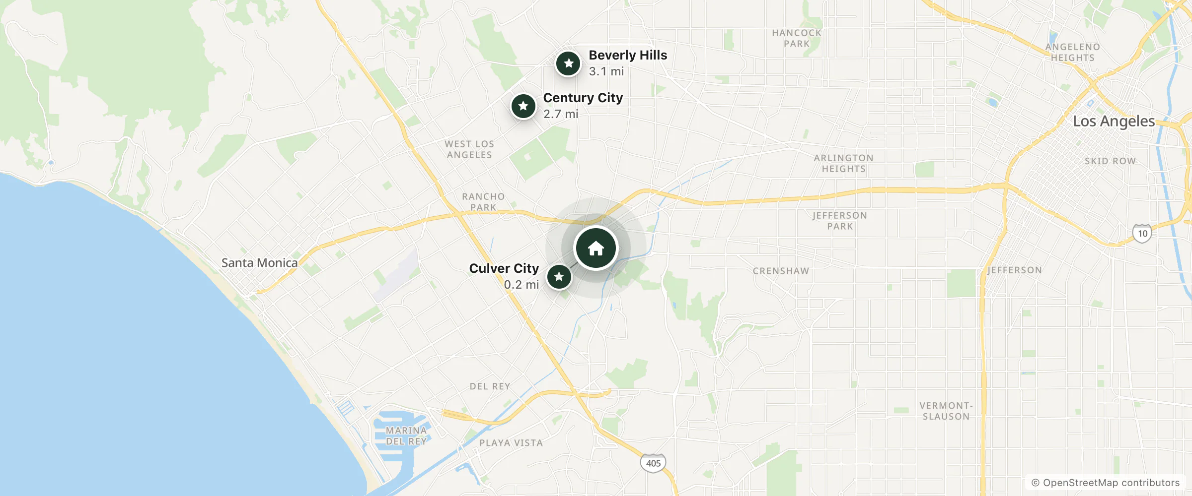 Map of West End Hotel and nearby Culver City, Century City and Beverly Hills
